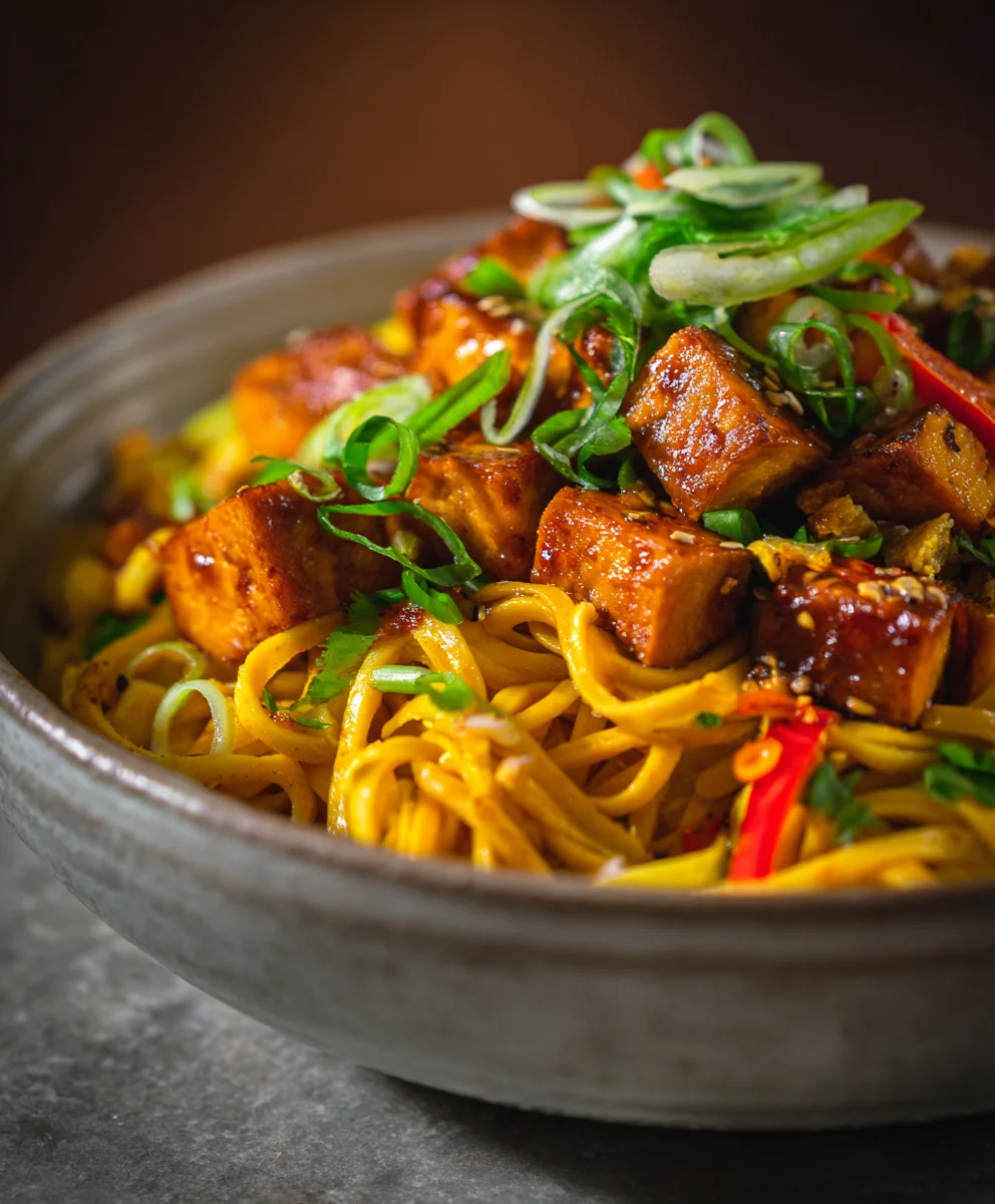 Sweet Spicy Tempeh Garlic Curry Noodles - Easy Recipe