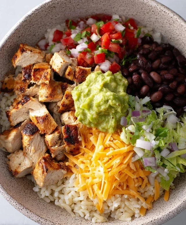 Grilled Chicken Burrito Bowl with Rice and Beans