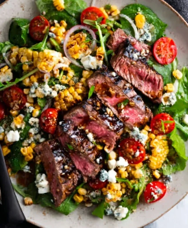 Balsamic Steak Gorgonzola Salad with Grilled Corn
