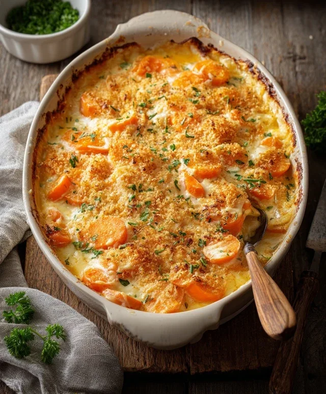 Cheesy Garlic Carrot Gratin – Creamy, Sweet & Savory