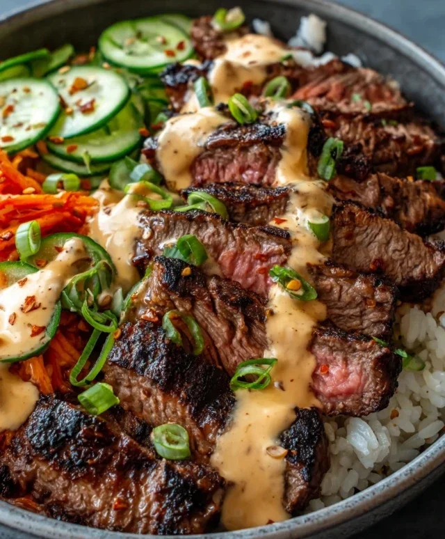 Korean BBQ Steak Rice Bowls with Spicy Cream Sauce