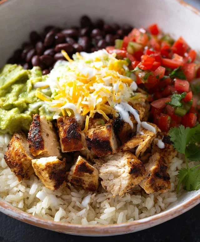 Grilled Chicken Burrito Bowl with Rice and Beans