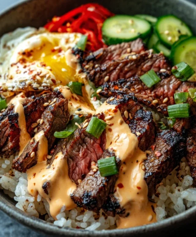 Korean BBQ Steak Rice Bowls with Spicy Cream Sauce