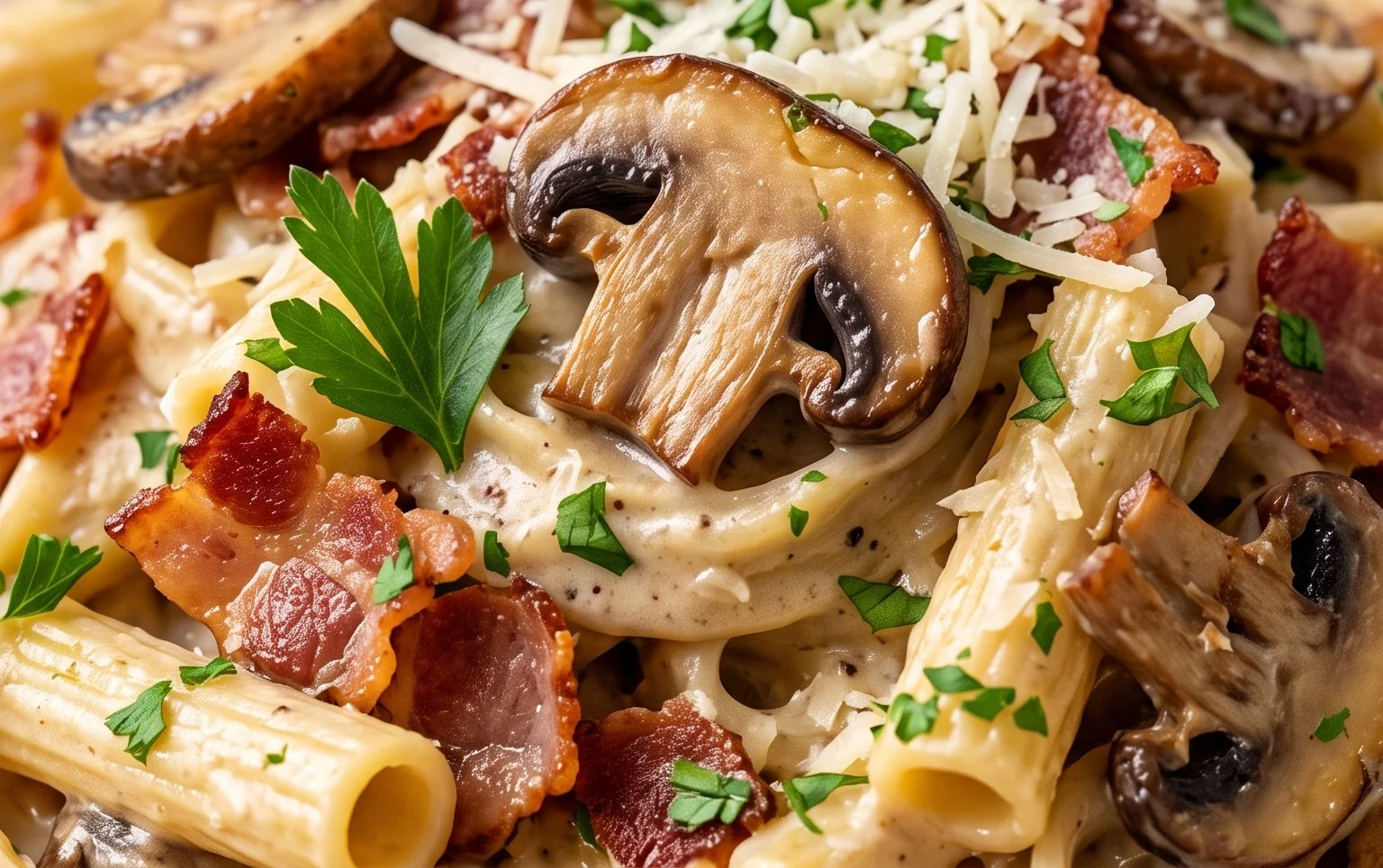 Creamy Beef Bacon and Mushroom Pasta