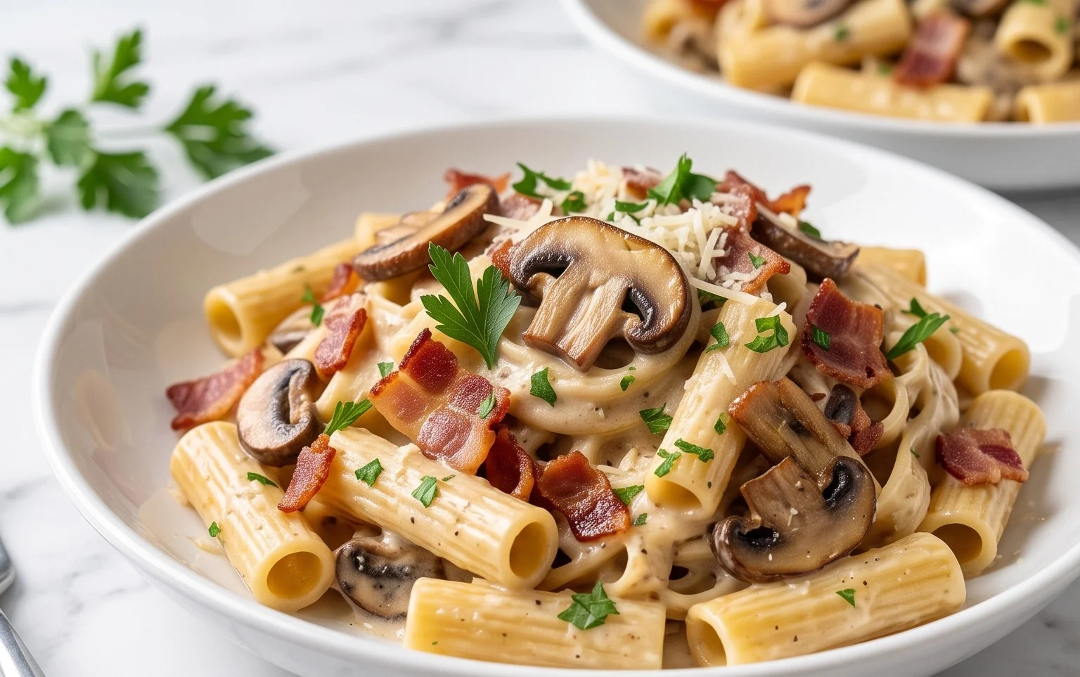 Creamy Beef Bacon and Mushroom Pasta