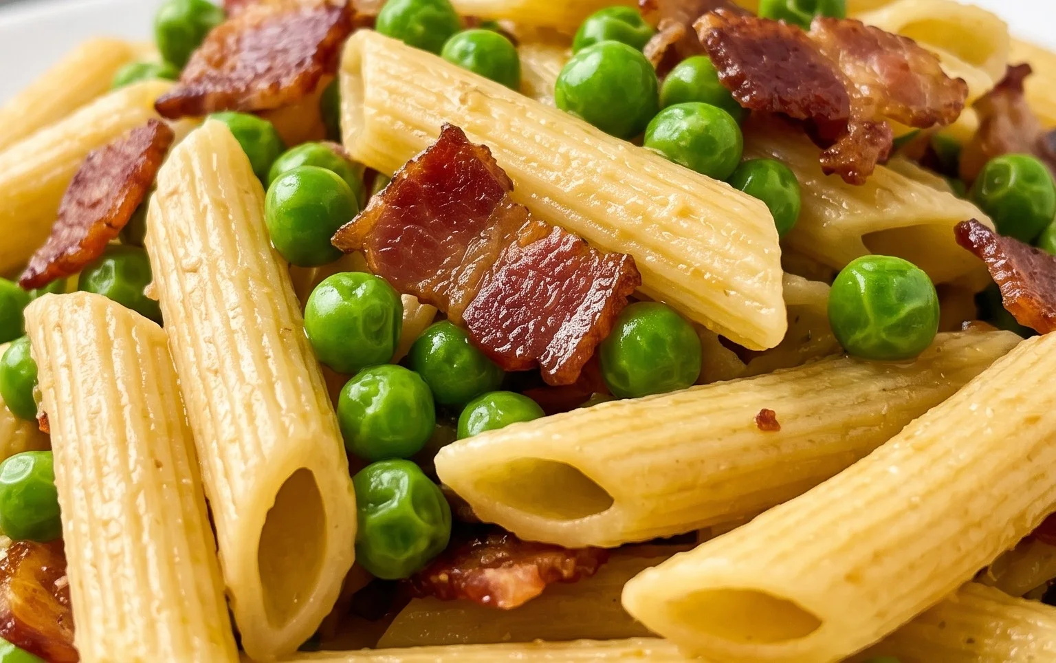 Penne Pasta, Peas and Beef Bacon
