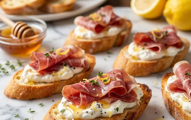 Beef Prosciutto Crostini with Burrata and Lemon Honey Drizzle